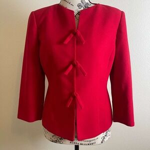 Kasper ASL Petite Red Bow Front Blazer Jacket 3/4 Sleeve Size 2P Professional